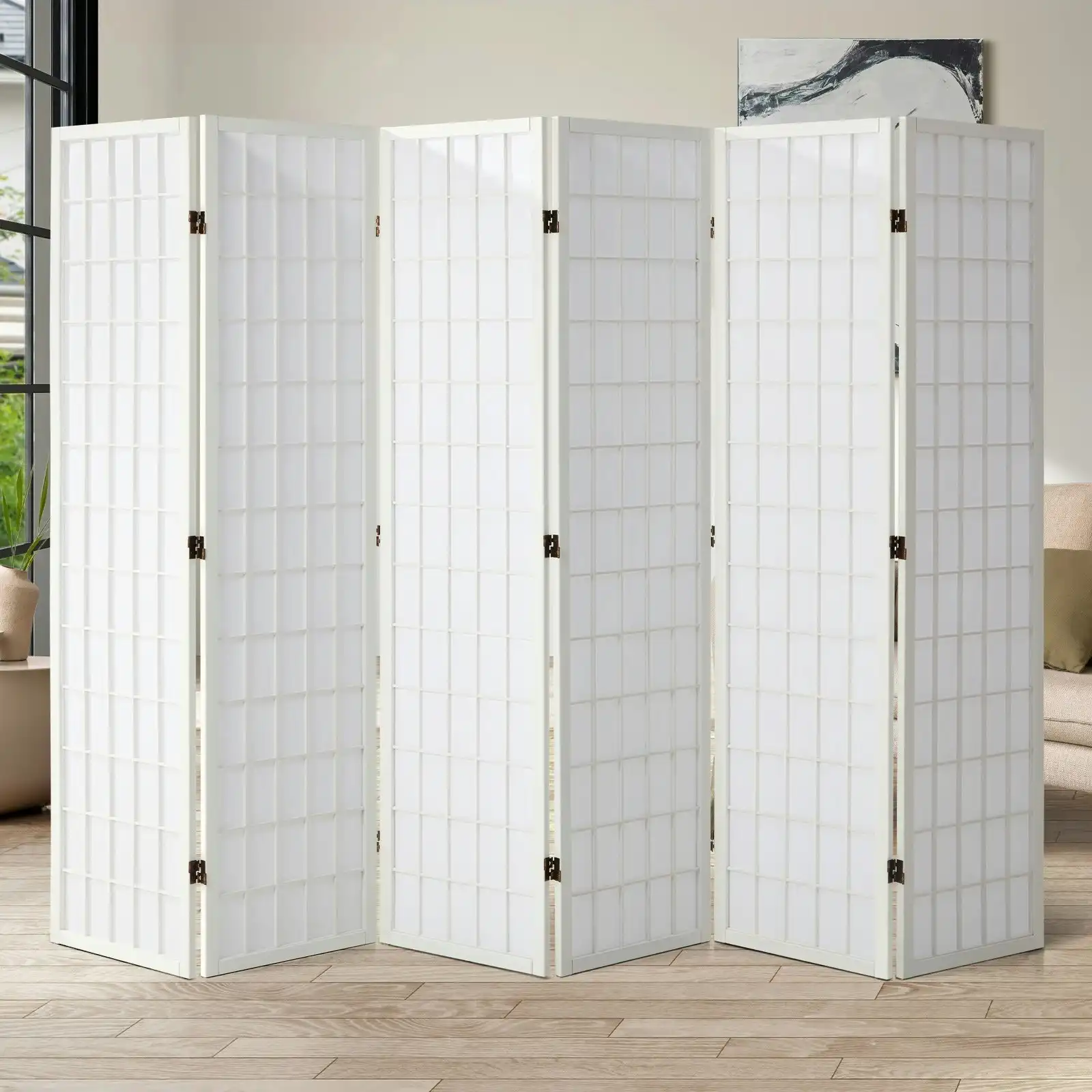 Oikiture 6 Panel Room Divider Privacy Screen Partition Timber Farbic White