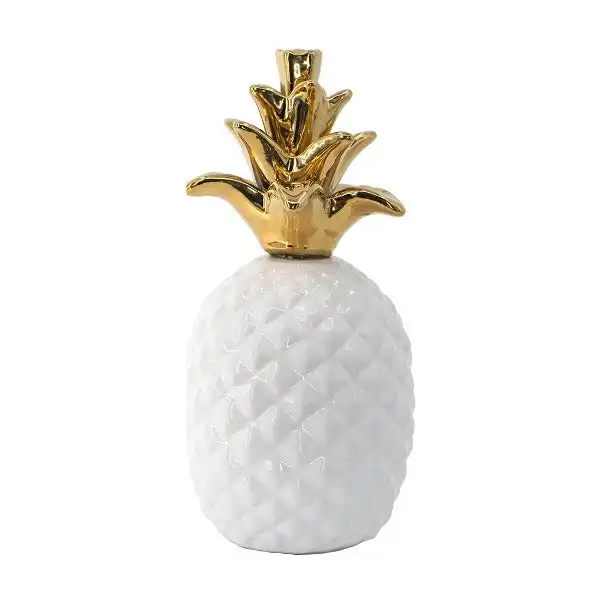 DD Design White Pineapple Ornament with a Gold Crown
