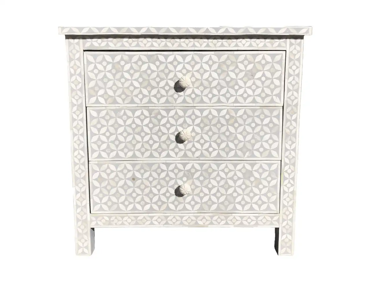 Zohi Interiors Bone Inlay Wide 3 Drawer Bedside Chest in Celtic Grey