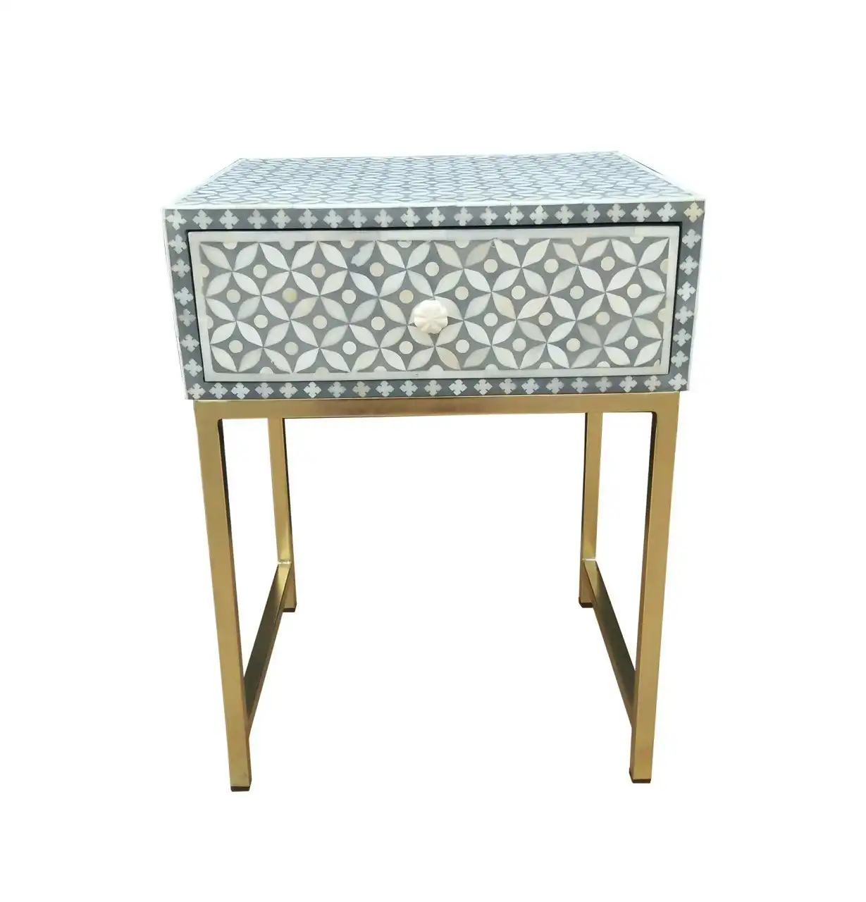Zohi Interiors Bone Inlay Bedside Table with One Drawer in Celtic/Grey