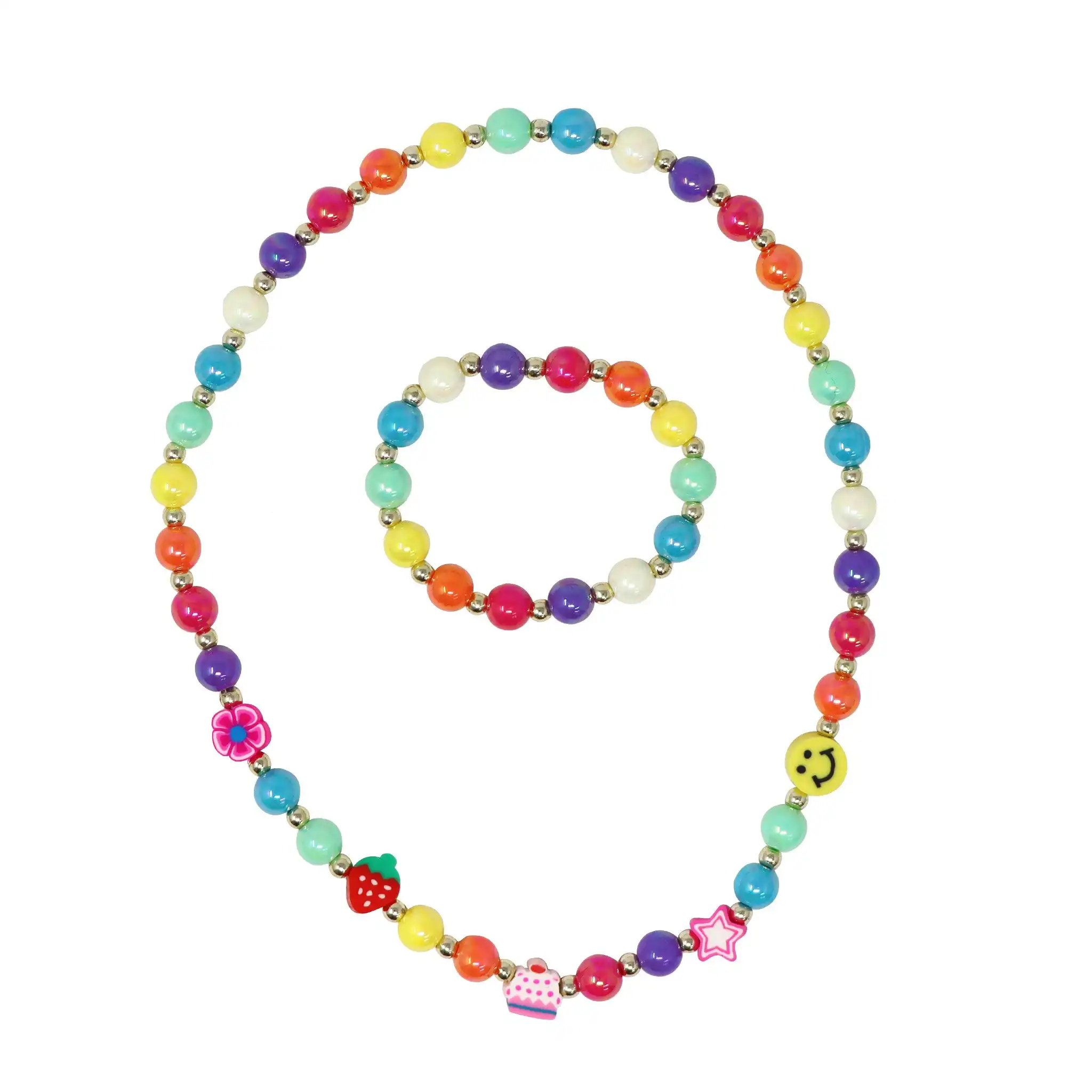 Rainbow Smiley Face And Fruit Necklace and Bracelet Set