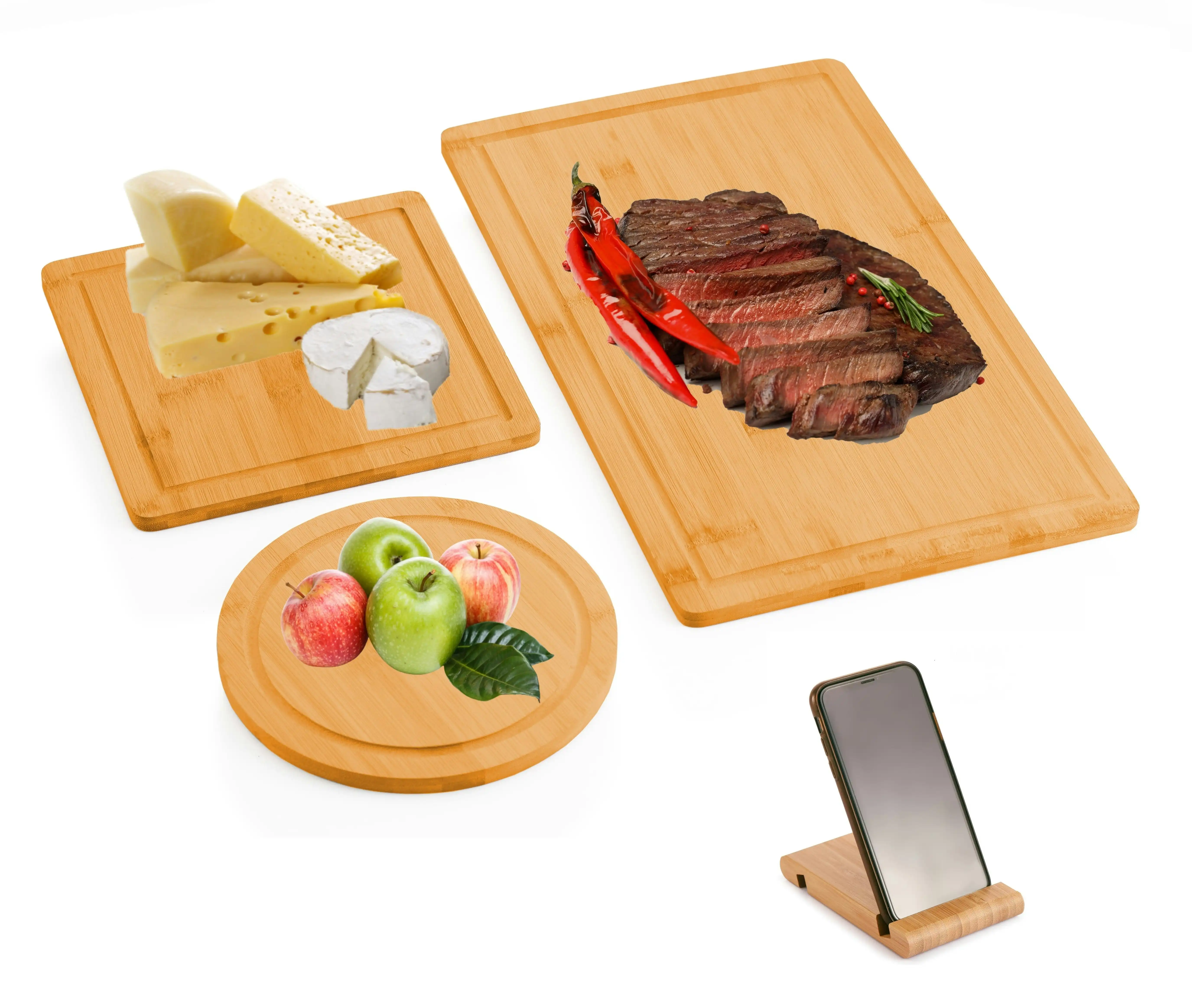 Carla Home 3 Pieces Bamboo Cutting Board with Juice Groove and Mobile Holder included for Home Kitchen