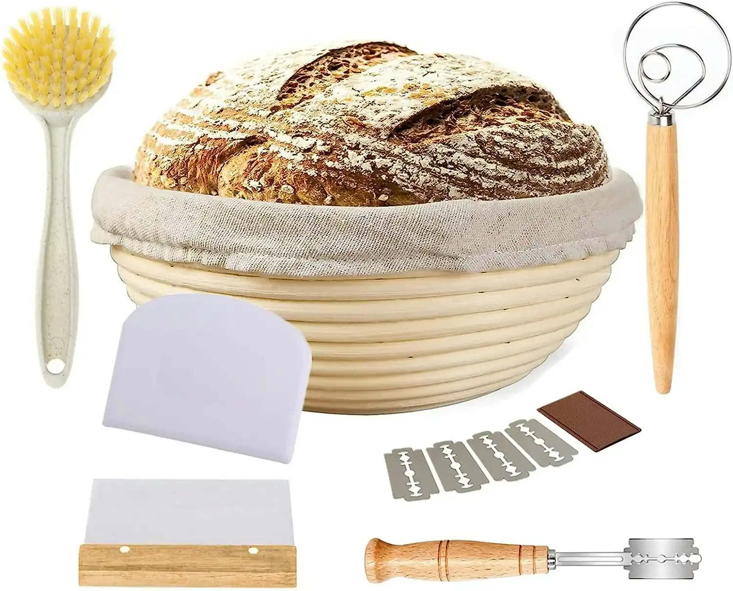 Bread Proofing Basket Kit: Basket, Lame, Scraper, Liner, Whisk, Bag, 23 cm