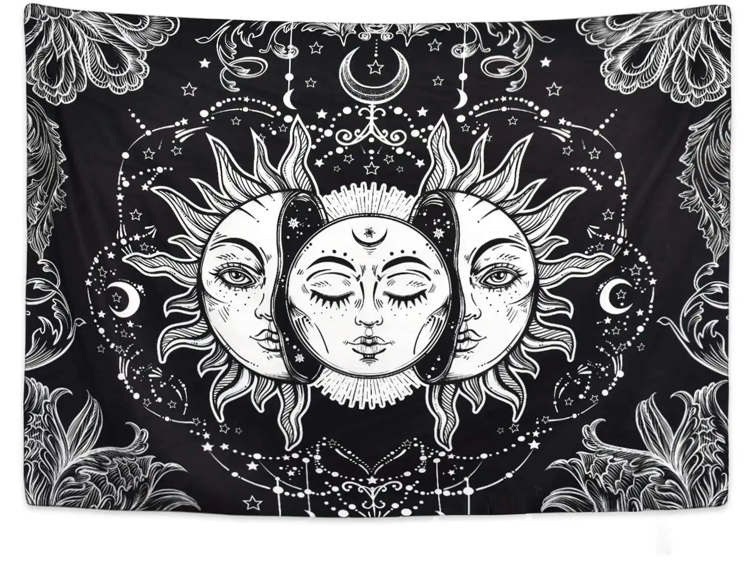 Psychedelic Sun and Moon Tapestry (Black and White)