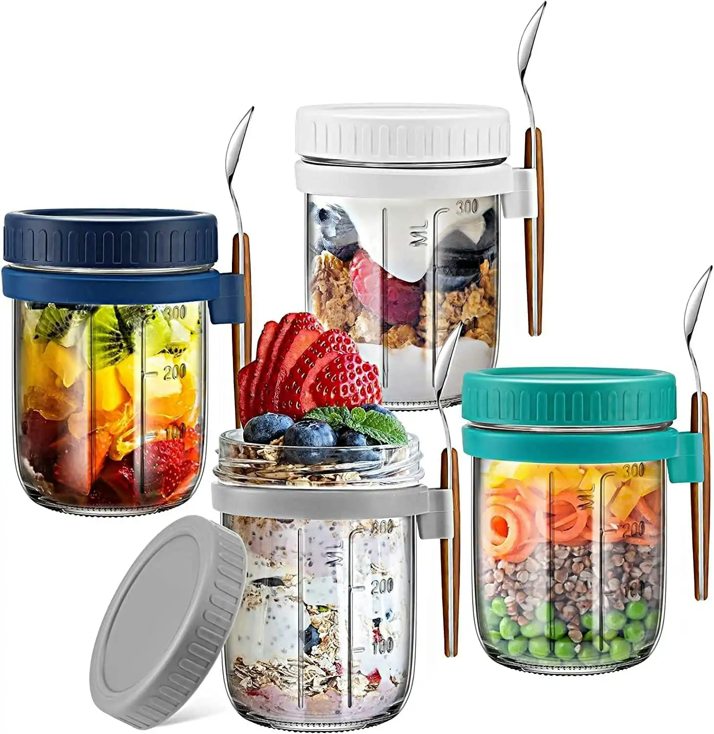 Overnight Oats Jars,  Glass Set of 4, Airtight Lids & Spoons, Large Capacity