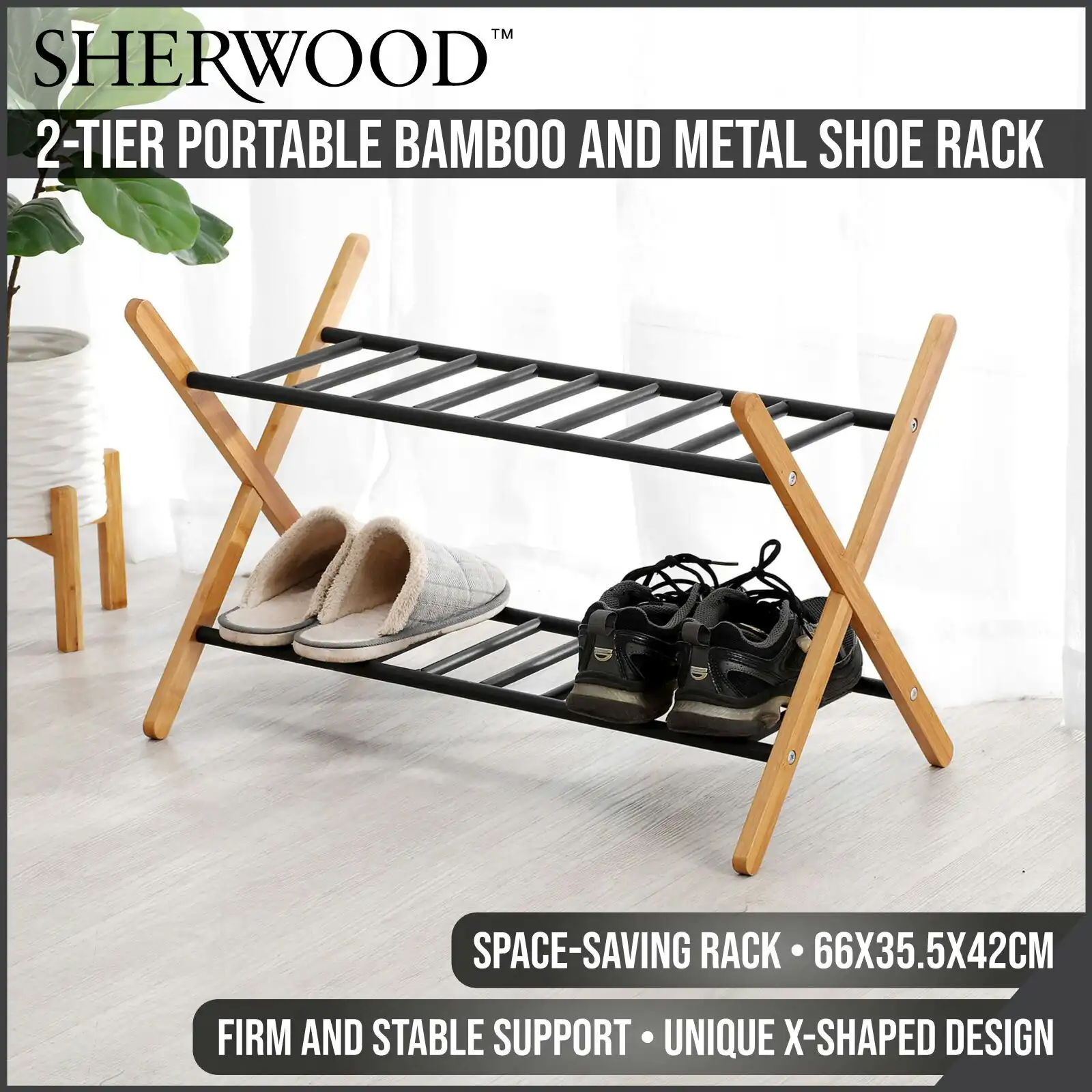Sherwood Home 2-Tier Portable Natural Bamboo and Metal Shoe Rack Light Brown- 66X35.5X42cm