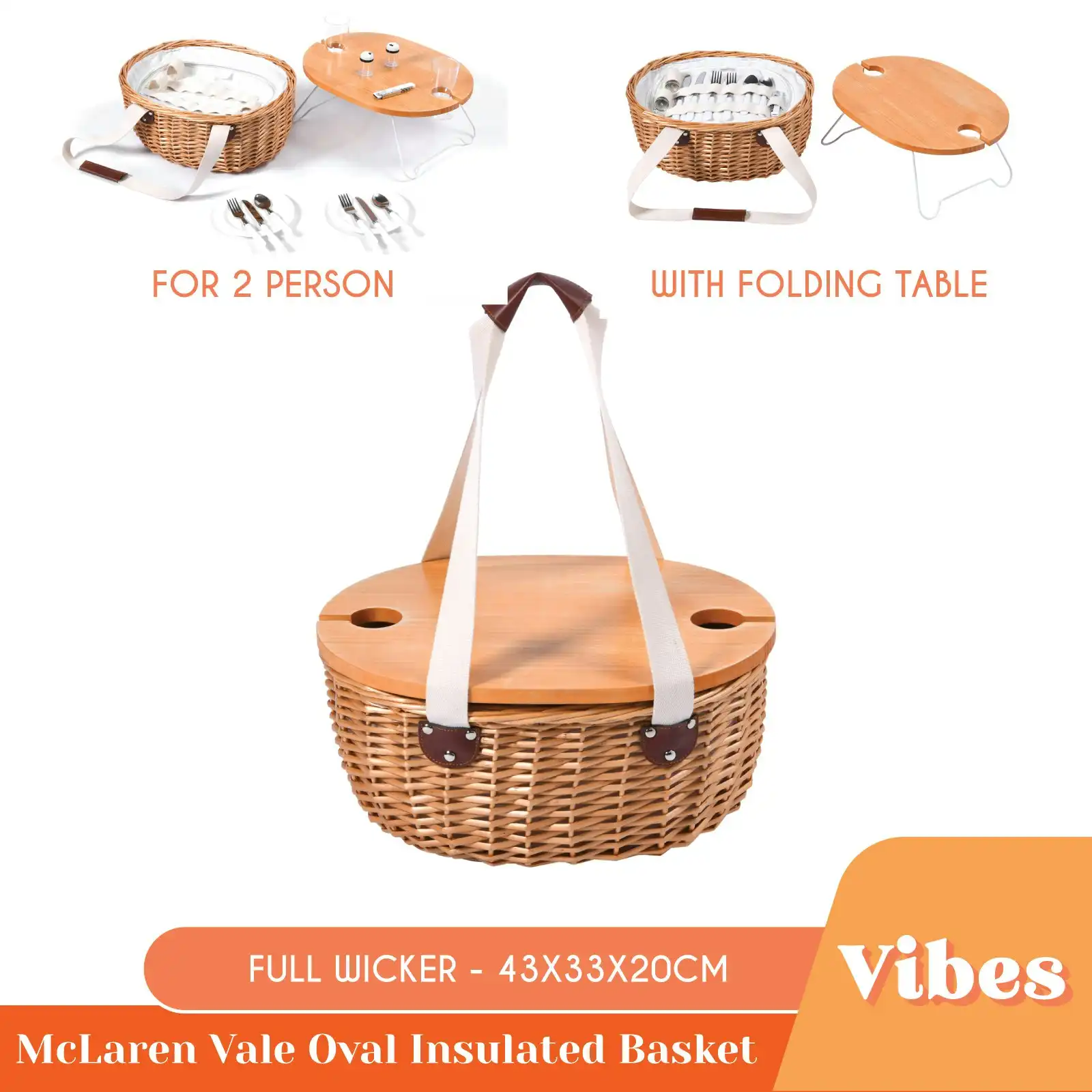 Vibes McLaren Vale 2 Person Oval Insulated Wicker Basket with Folding Table  Natural & Cream