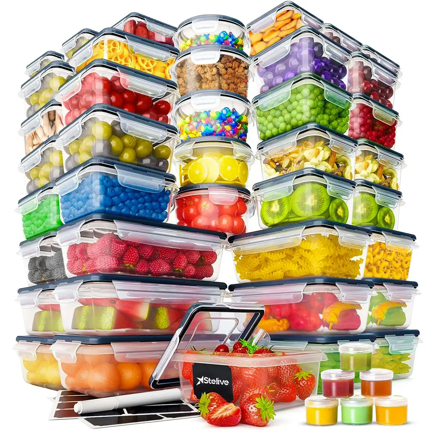 Stelive 56 PCs Food Storage Container Set, Leak Proof Lunch Boxes, BPA-Free Clear Plastic Storage Containers for Home & Kitchen Organization with Labels & Pen