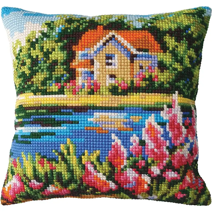 Lake House Needlepoint Cushion- Needlework