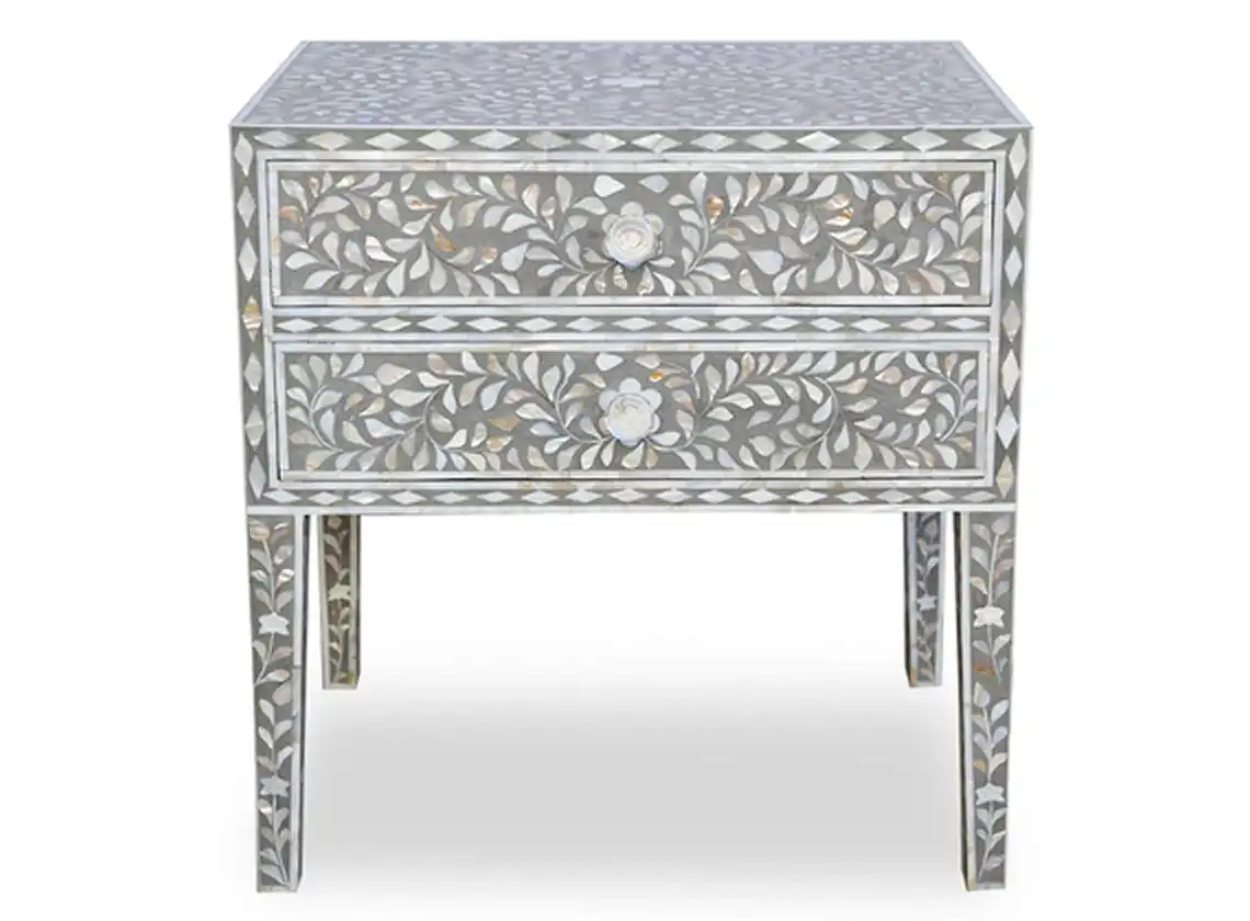 Zohi_Interiors Mother of Pearl Inlay Bedside Table with 2 Drawers in Grey