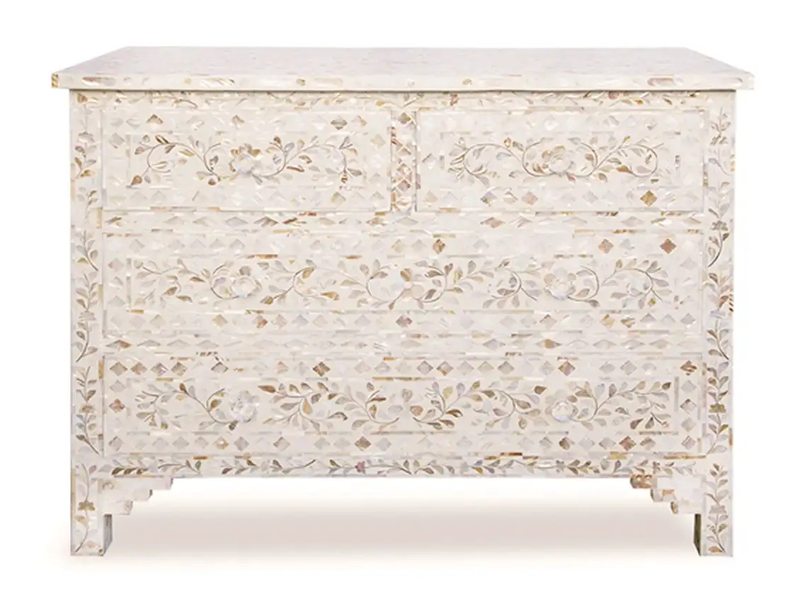 Zohi Interiors Mother of Pearl Inlay 4 Drawer Chest in White