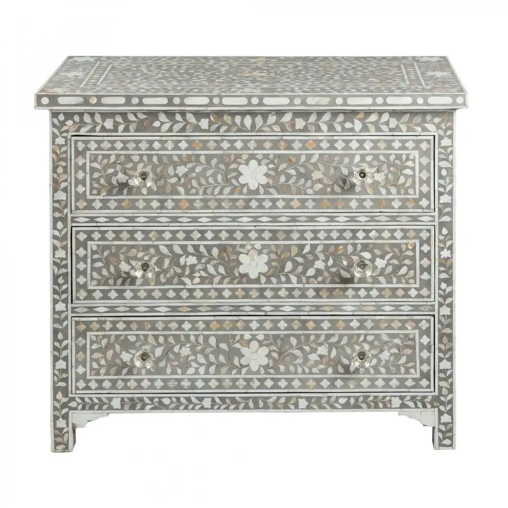 Zohi Interiors Mother of Pearl Inlay 3 Drawer Chest in Grey
