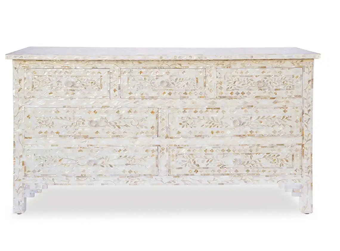Zohi Interiors Mother Of Pearl Inlay 7 Drawer Chest in White