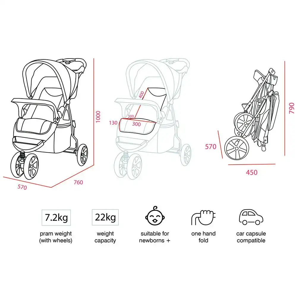 VeeBee Navigator 100cm Stroller/Pram Folding Kid/Toddler Newborn Baby 0+ Glacier