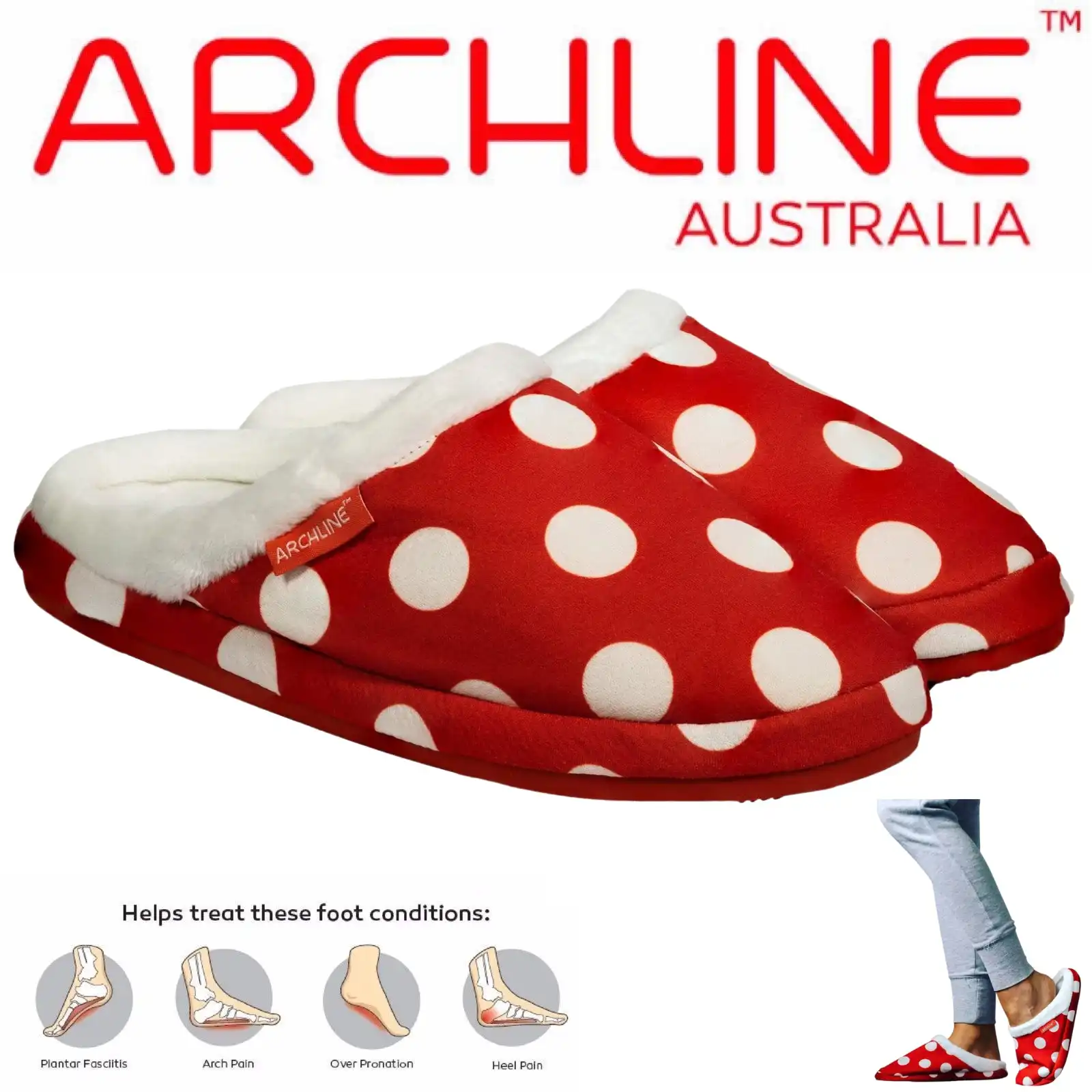 Archline Orthotic Slippers Slip On Scuffs Medical Pain Relief Moccasins - Red Polka Dot