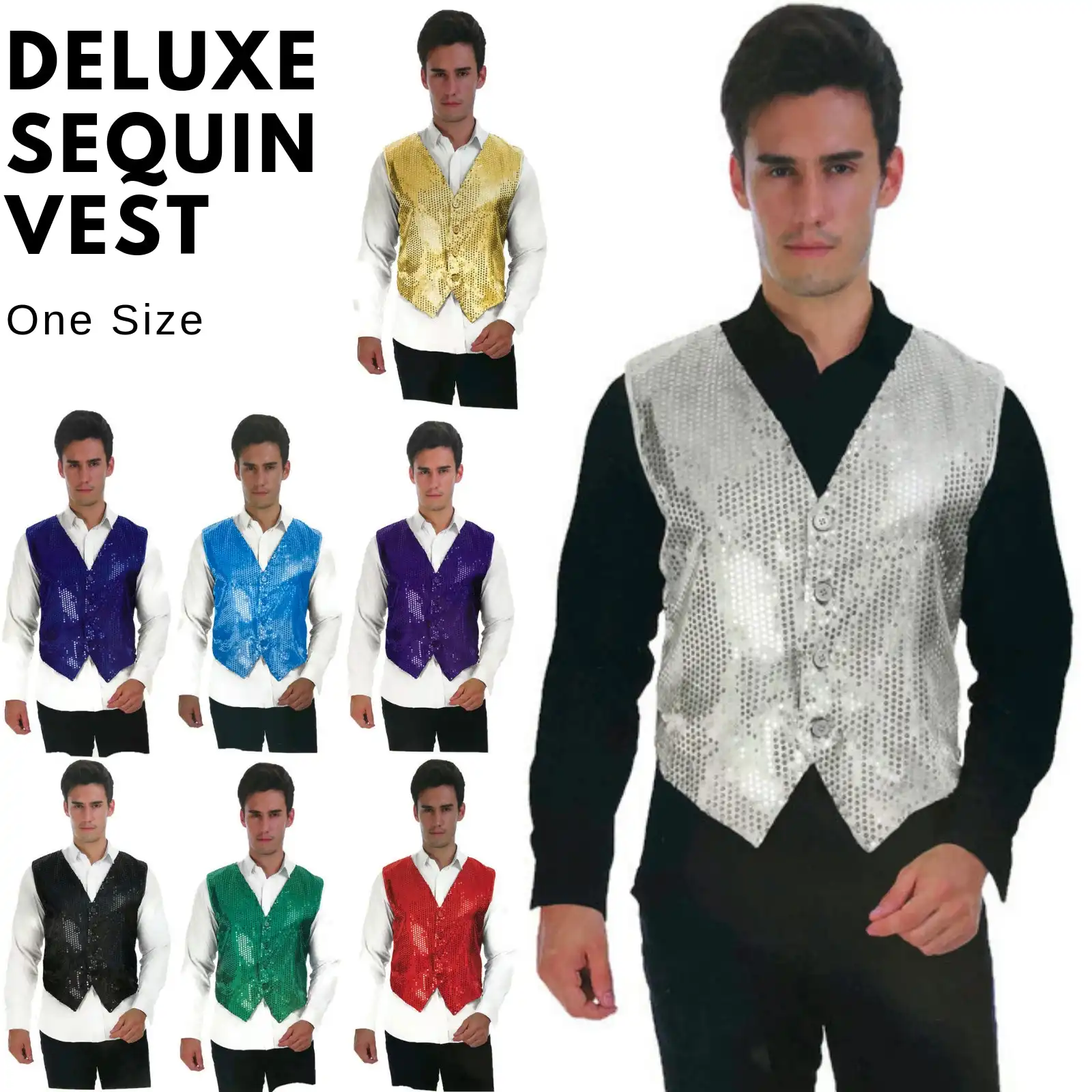 Men's Premium SEQUIN VEST Waistcoat Dance Costume Disco Sparkle Deluxe