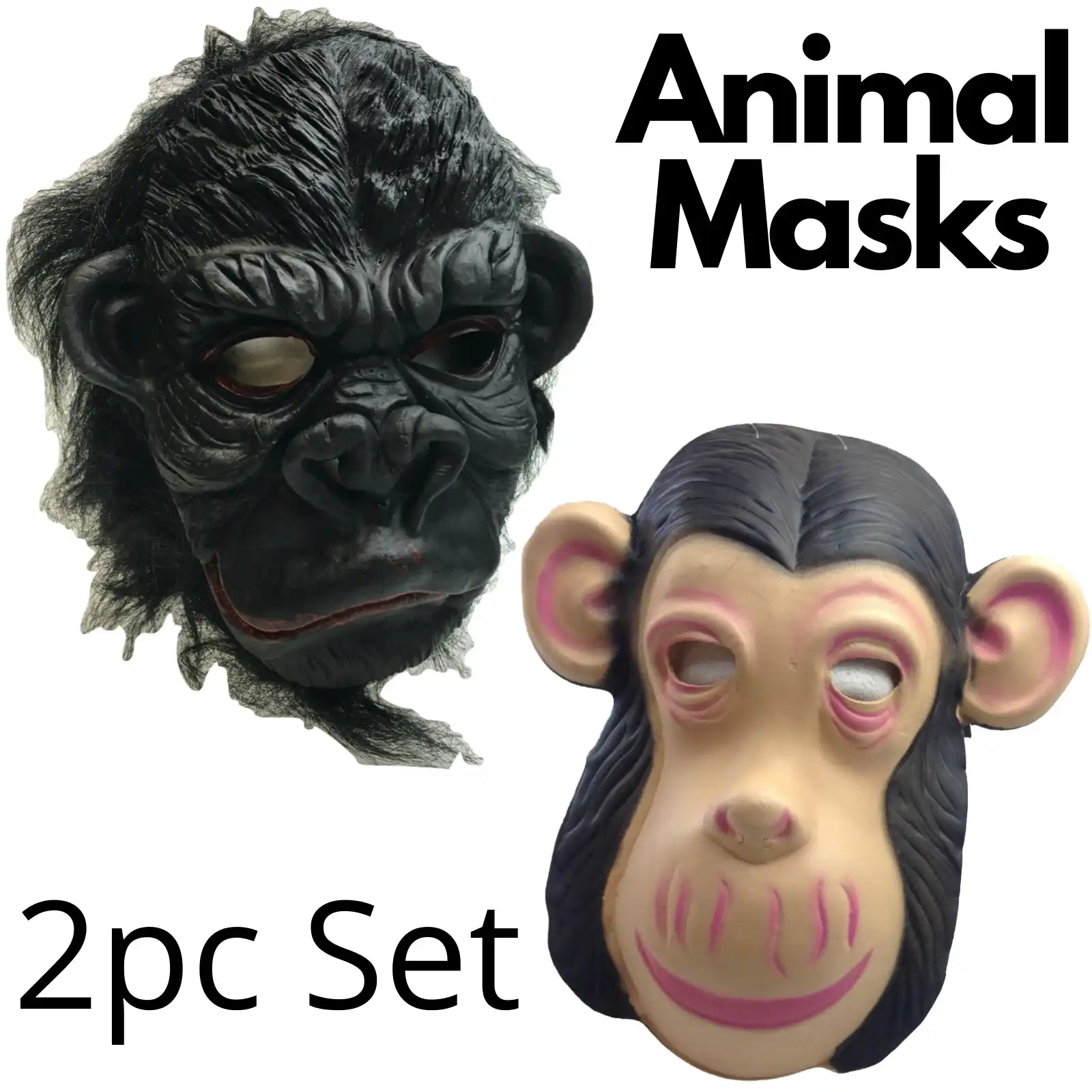 2pc Set Animal Masks Costume Party Gorilla Ape Chimp Monkey Halloween Novelty