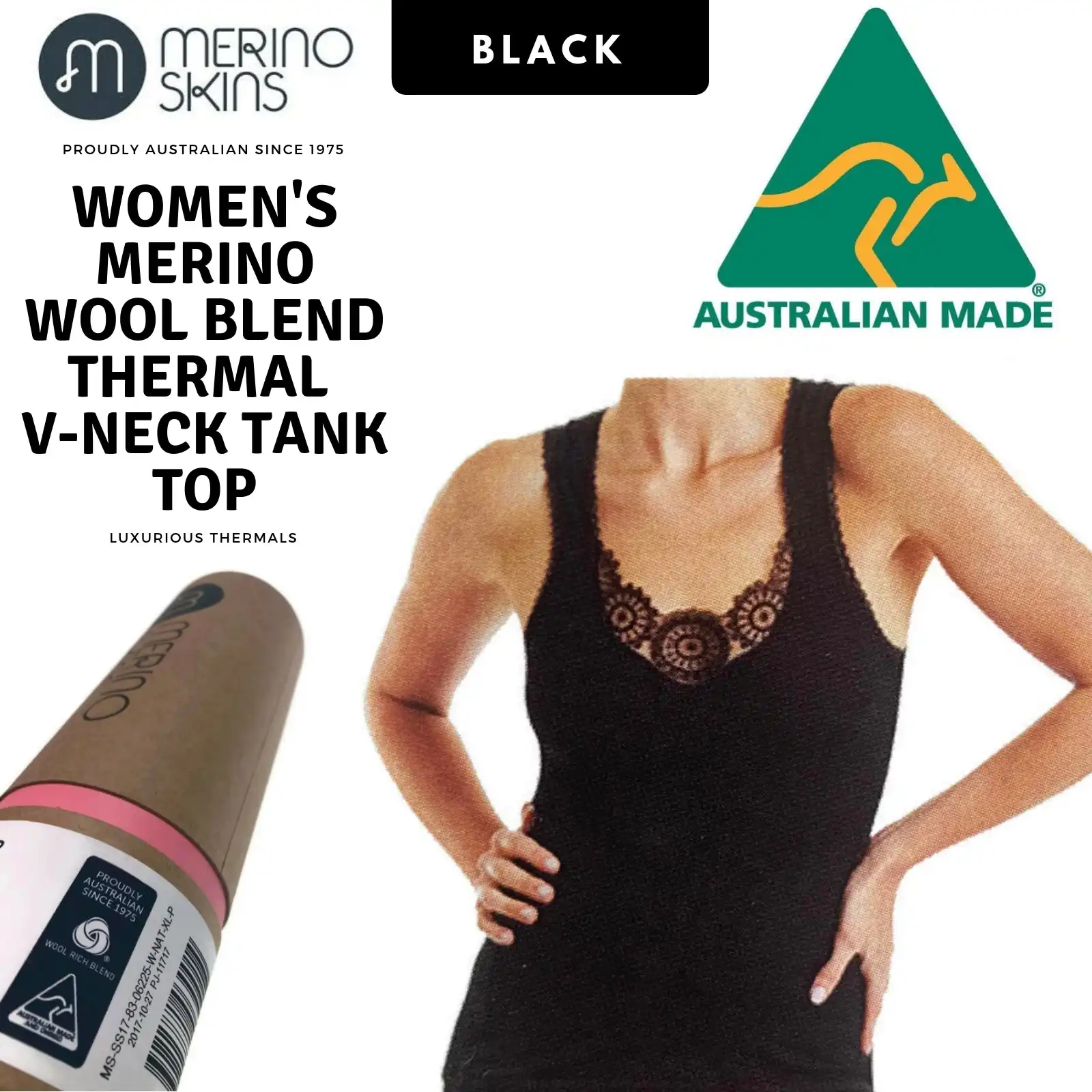 Merino Skins Ladies Dianthe Tank Top Thermal Merino Wool Rich Thermals - Black