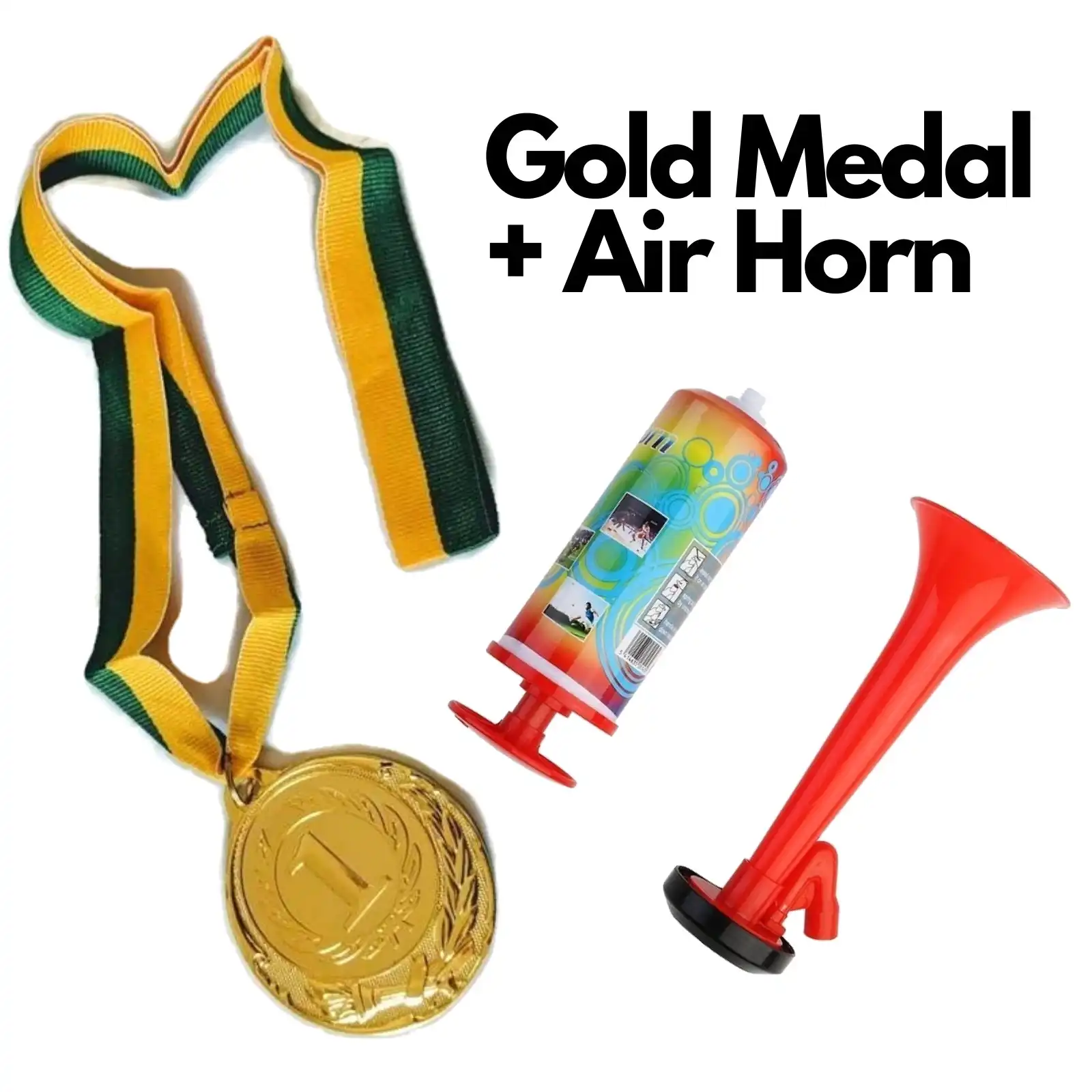 1st Gold Medal Winner + Air Horn Party Set School Sports Day Olympics Ribbon