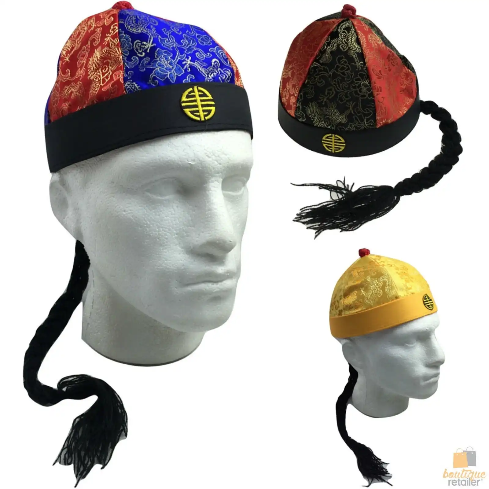 CHINESE LANDLORD HAT Oriental Asian Cap w Ponytail Party Costume Traditional