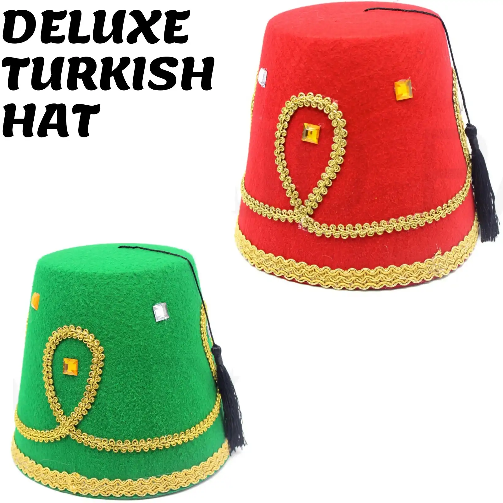 DELUXE TURKISH HAT Red Green Fez Tarboosh Dress Up Costume Party Moroccan