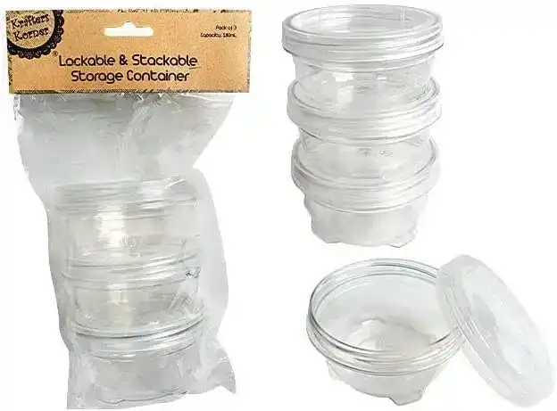 [2Pk X 3Pce] Krafters Korner Lockable & Stackable Containers - 180Ml - Clear (9x5cm)