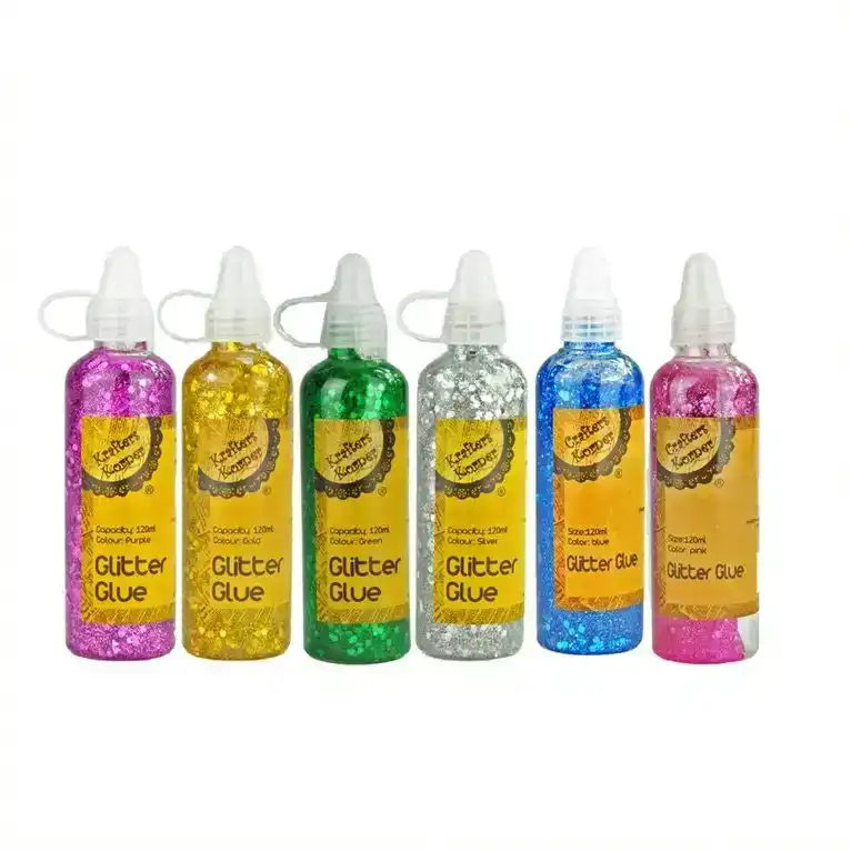 [6PCE] Krafters Korner Craft Glitter Glue Perfect For Arts & Crafts 120Ml - Green - Gold Purple - Silver - Blue - Pink