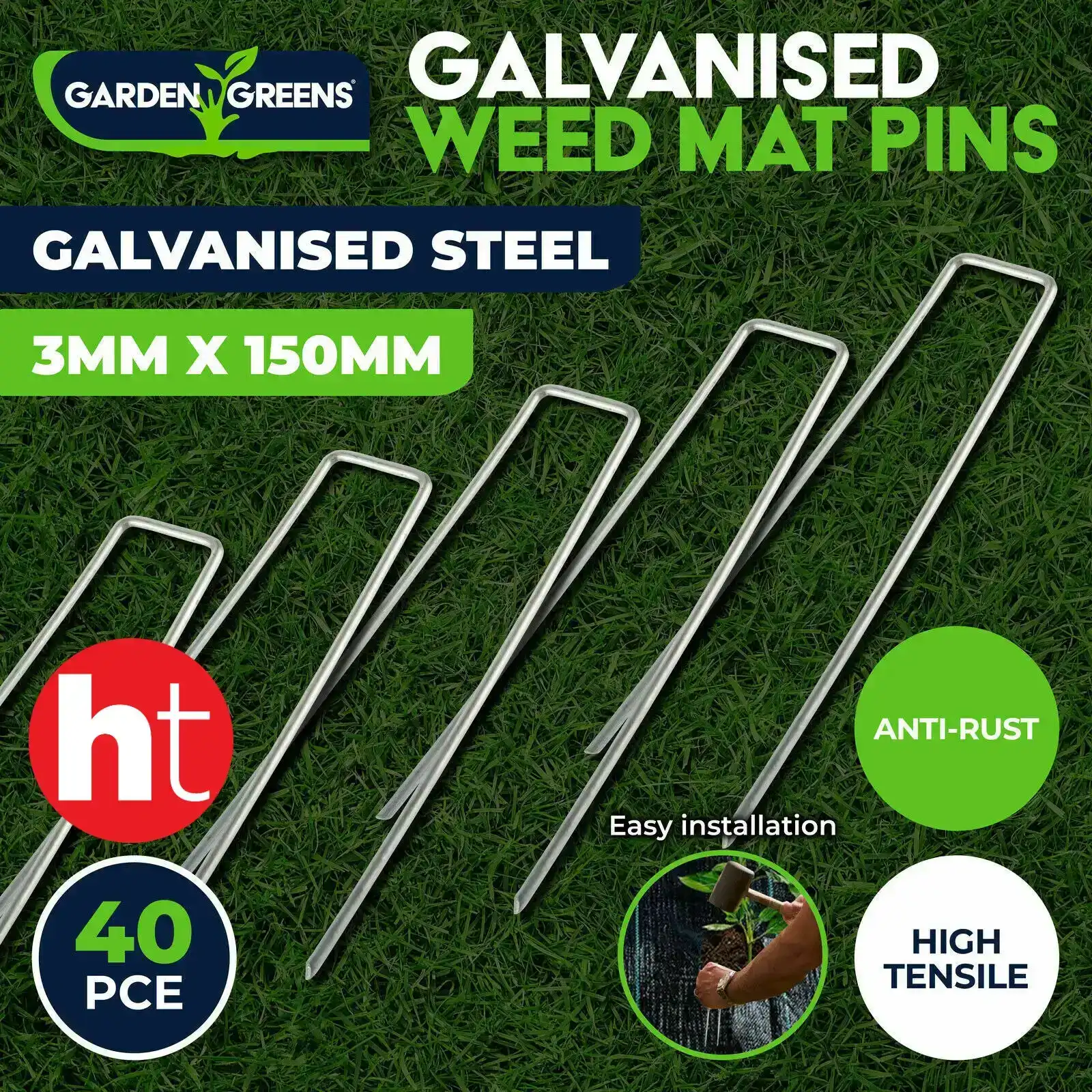 Garden Greens 40PCE Weed Mat Pins Galvanised Steel Anti Rust 3mm x 150mm