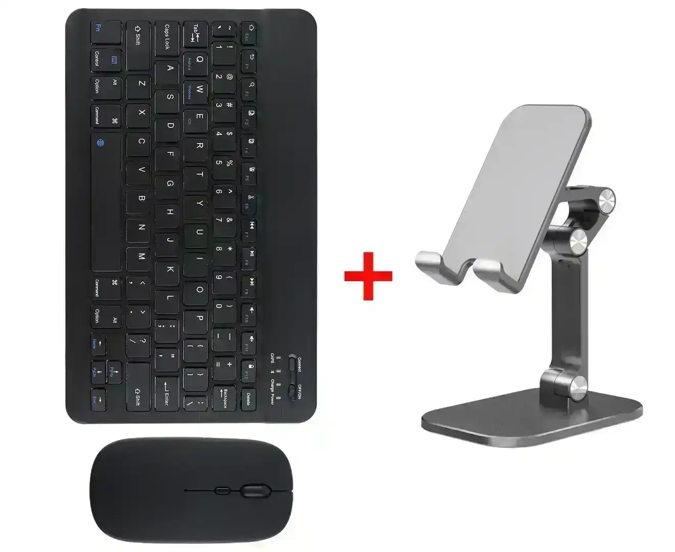 Gift Pack - Bluetooth Slim Wireless Keyboard & Mouse Combo + Folding Phone/Tablet Desktop Holder, Black