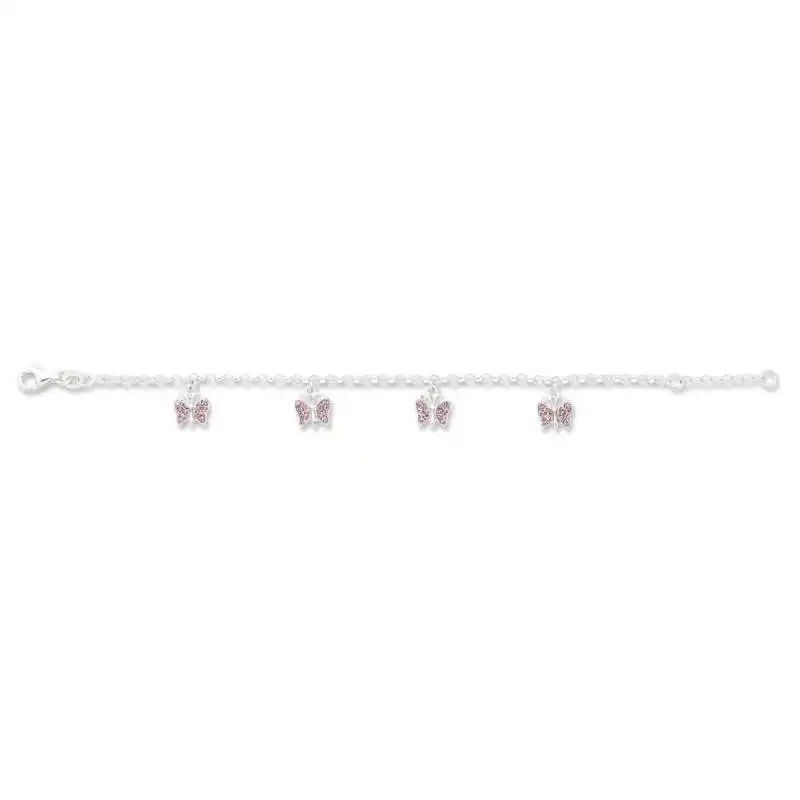 16cm Children's Sterling Silver Pink Crystal Butterfly Charm Bracelet