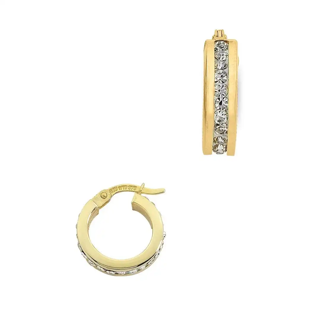 9ct Yellow Gold Silver Infused Crystal Hoop Earrings 15mm