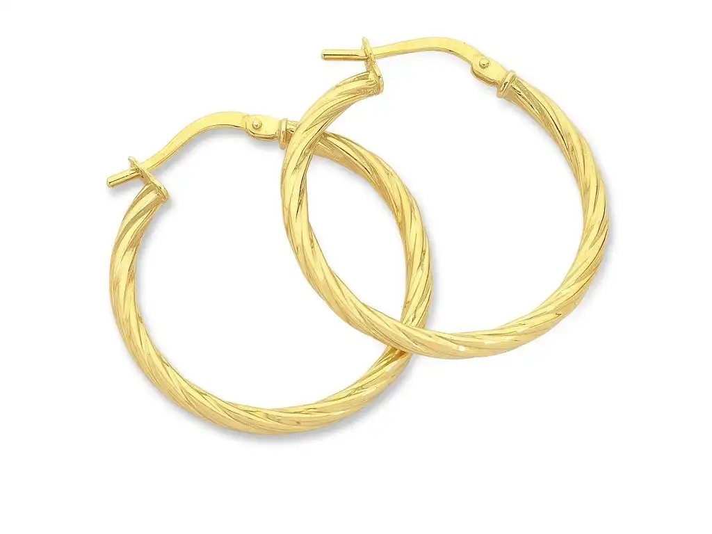 9ct Yellow Gold Silver Infused Hoop Earrings- 2mm x 30mm