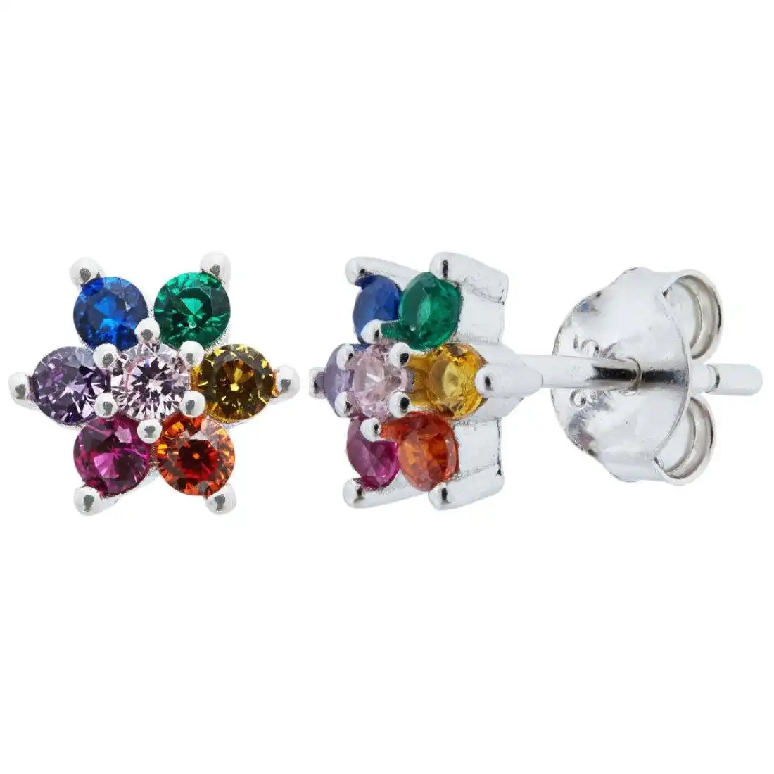 Rainbow Cubic Zirconia Flower Earrings in Sterling Silver
