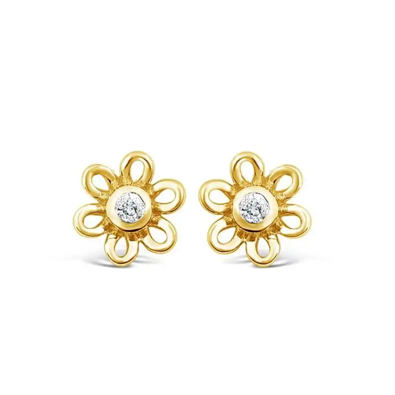 Children's Diamond Open Flower Earrings in 9ct Yellow Gold
