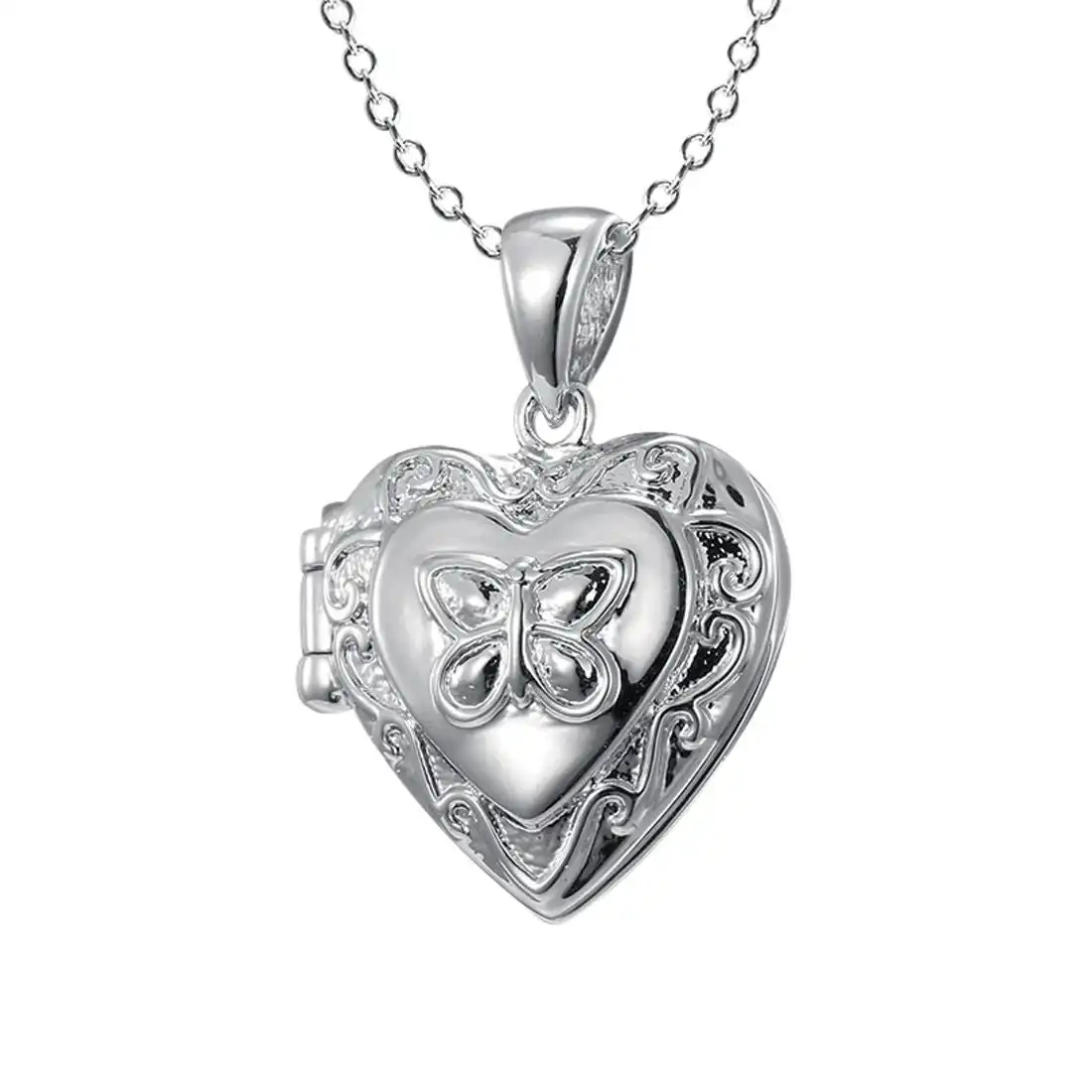 45cm Children's Sterling Silver Engraved Heart Locket with Butterfly