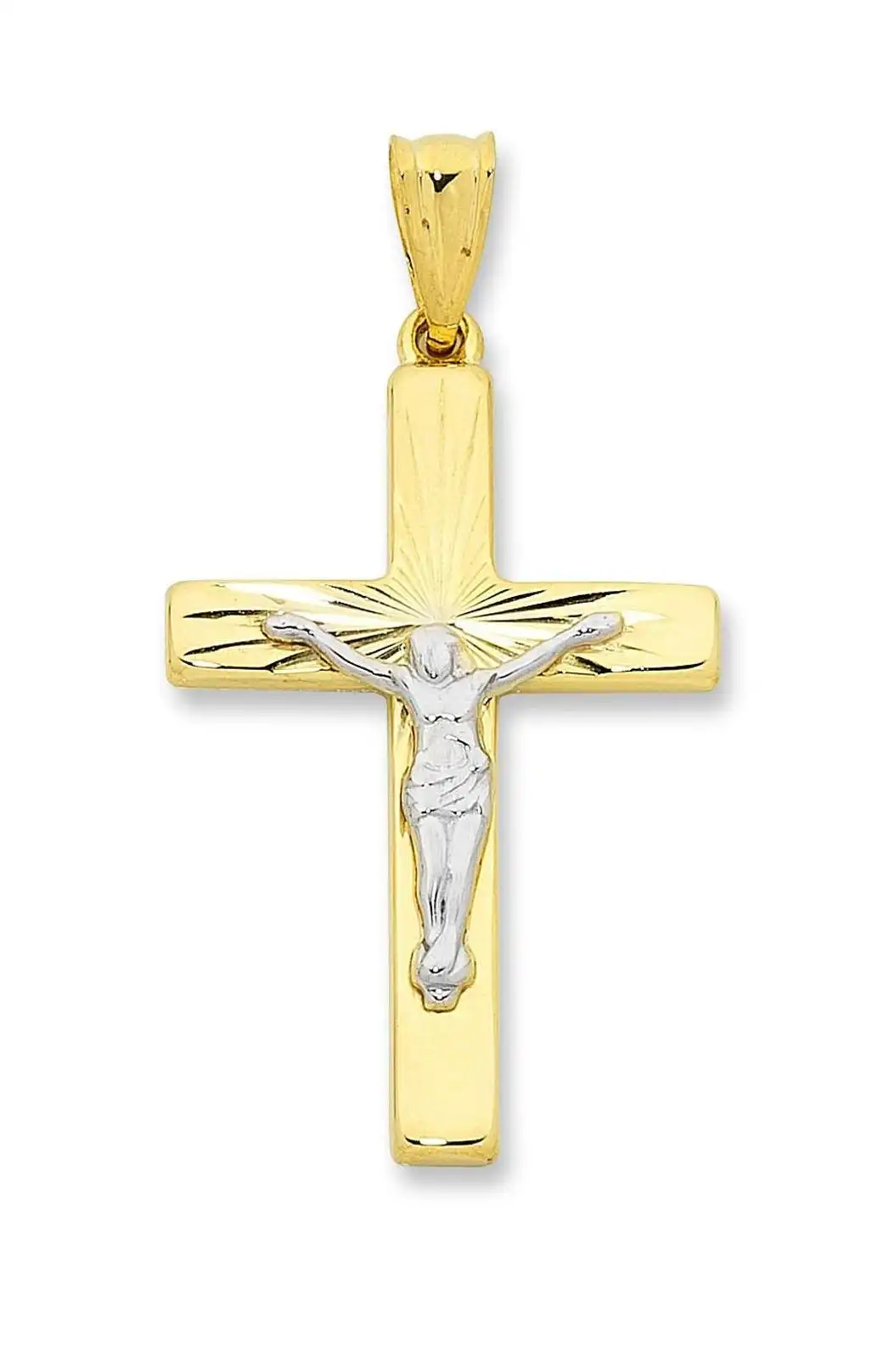 9ct Two Tone Silver Infused Diamond Cut Crucifix Pendant
