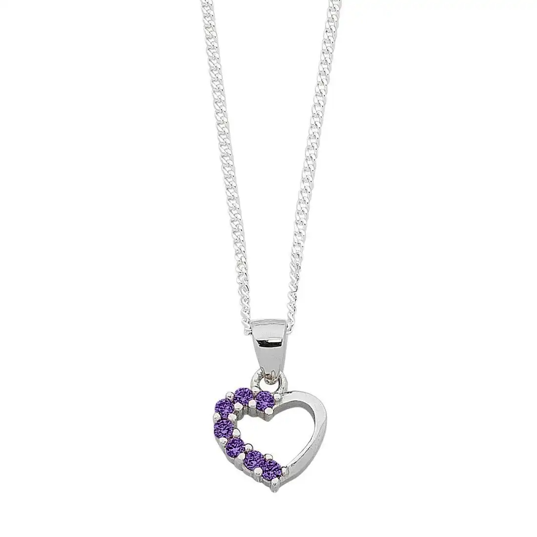 40cm Children's Purple Cubic Zirconia Heart Necklace in Sterling Silver