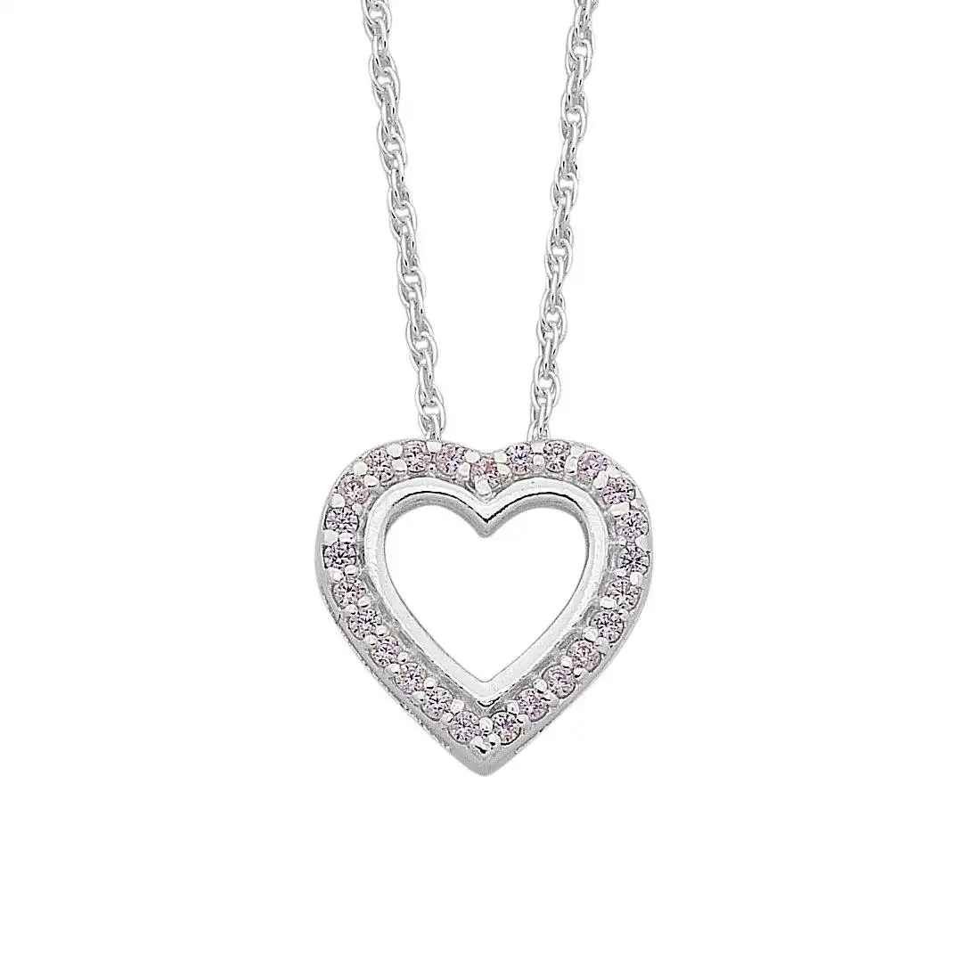 45cm Children's Sterling Silver Open Heart Pink Cubic Zirconia Necklace