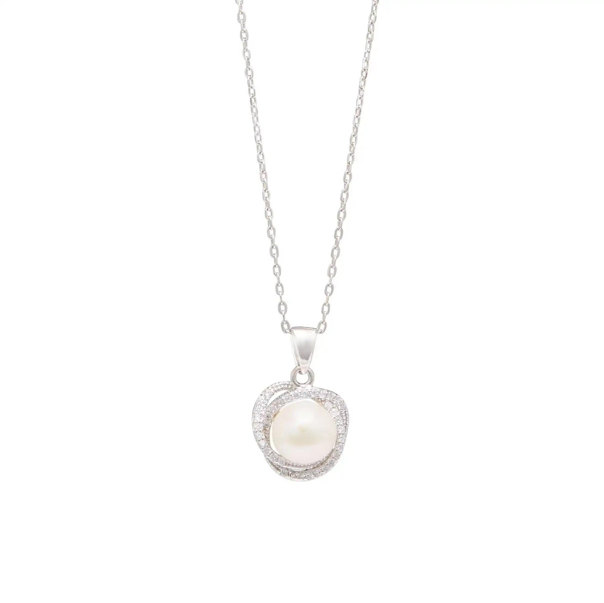 45cm Freshwater Pearl & Cubic Zirconia Halo Swirl Necklace in Sterling Silver