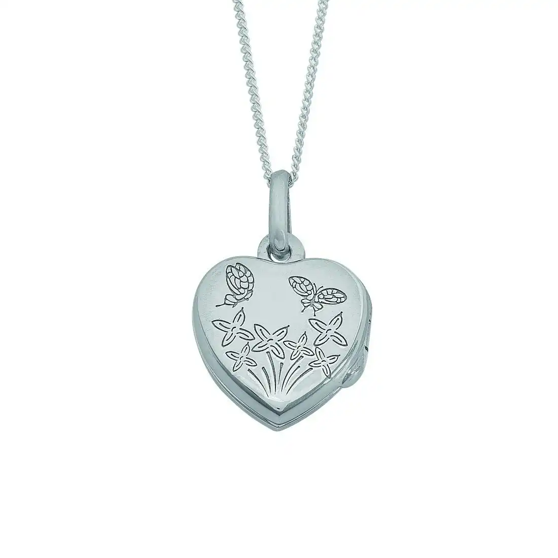 38cm Children's Sterling Silver Plain Flower and Butterfly Engraved Heart Locket Necklace