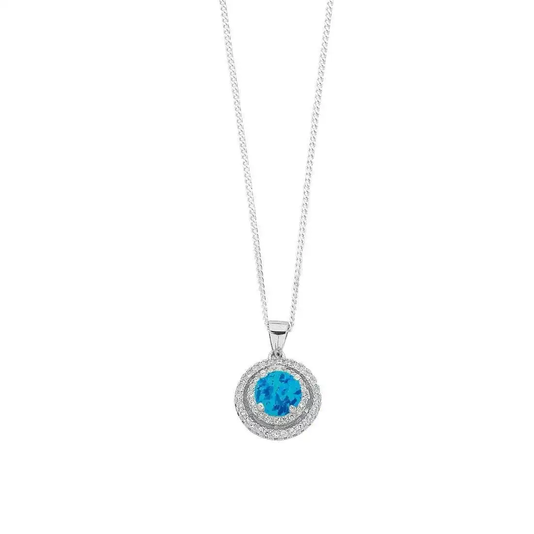 45cm December Birthstone Sterling Silver Synthetic Blue Opal & Cubic Zirconia Halo Necklace