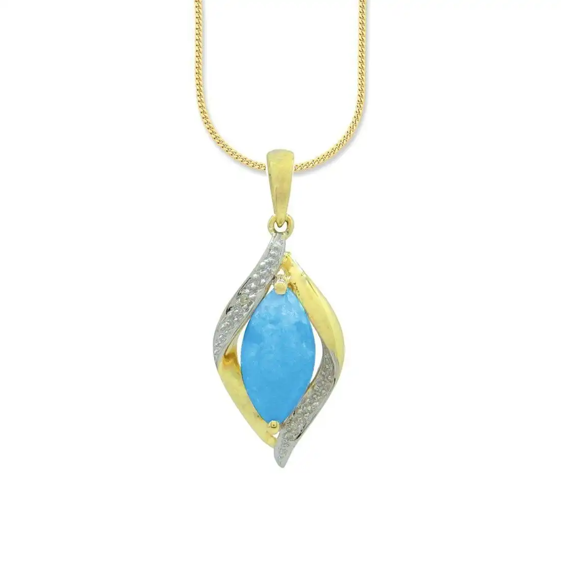 9ct Yellow Gold Diamond Set Created Blue Opal Necklace