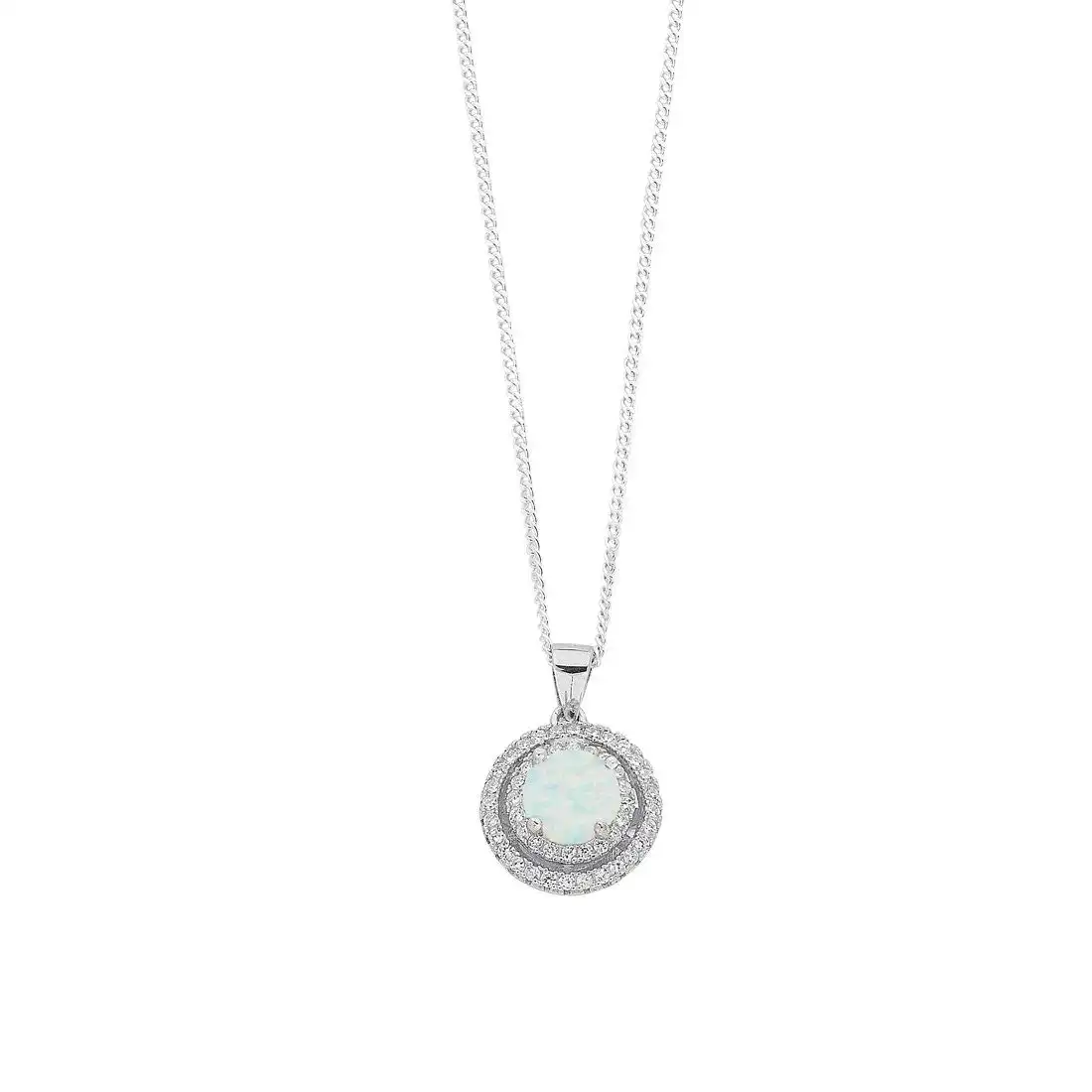 45cm October Birthstone Sterling Silver Synthetic Opal & Cubic Zirconia Halo Necklace