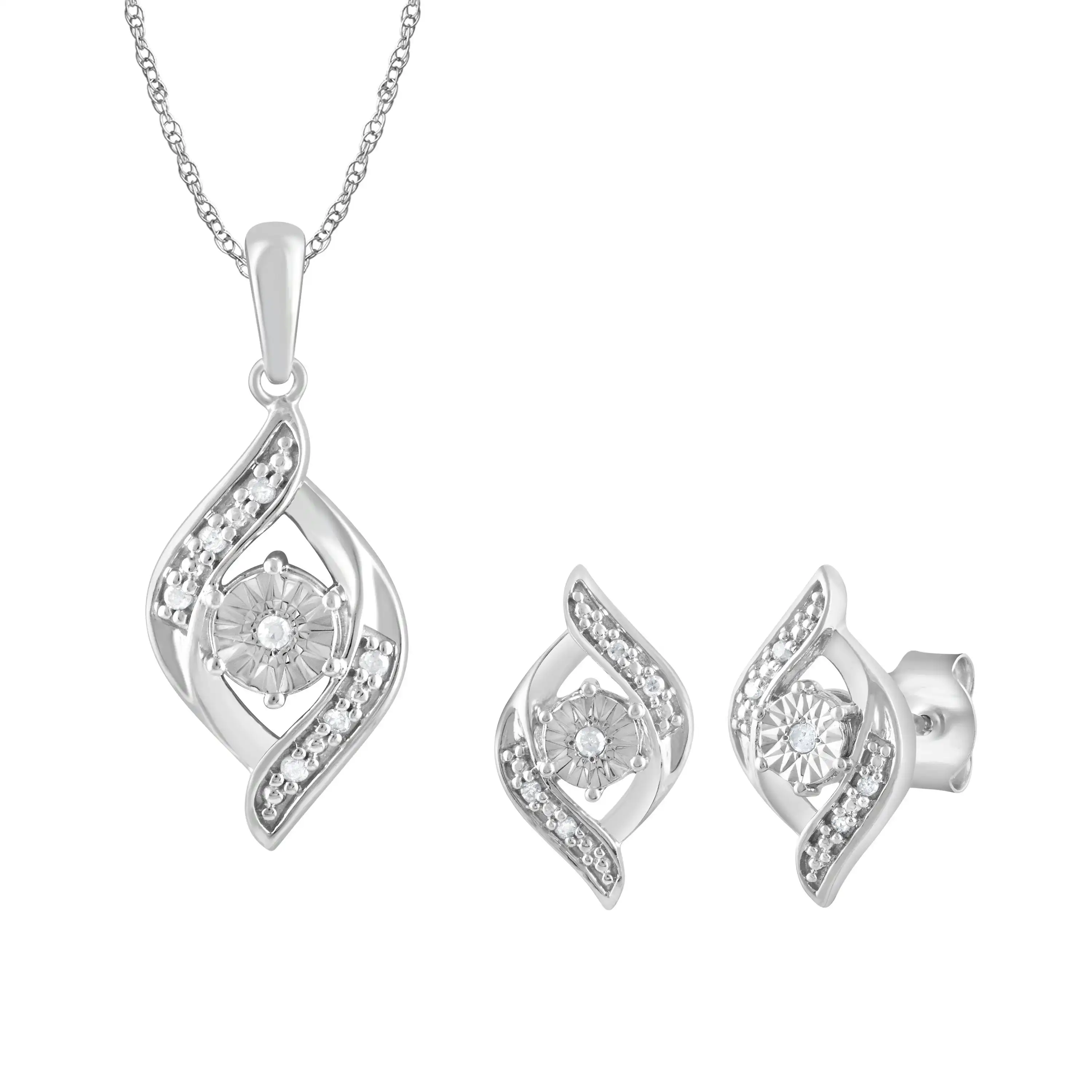 Flame Shape Stud Earrings and Necklace Set with 0.05ct of Diamonds in Sterling Silver
