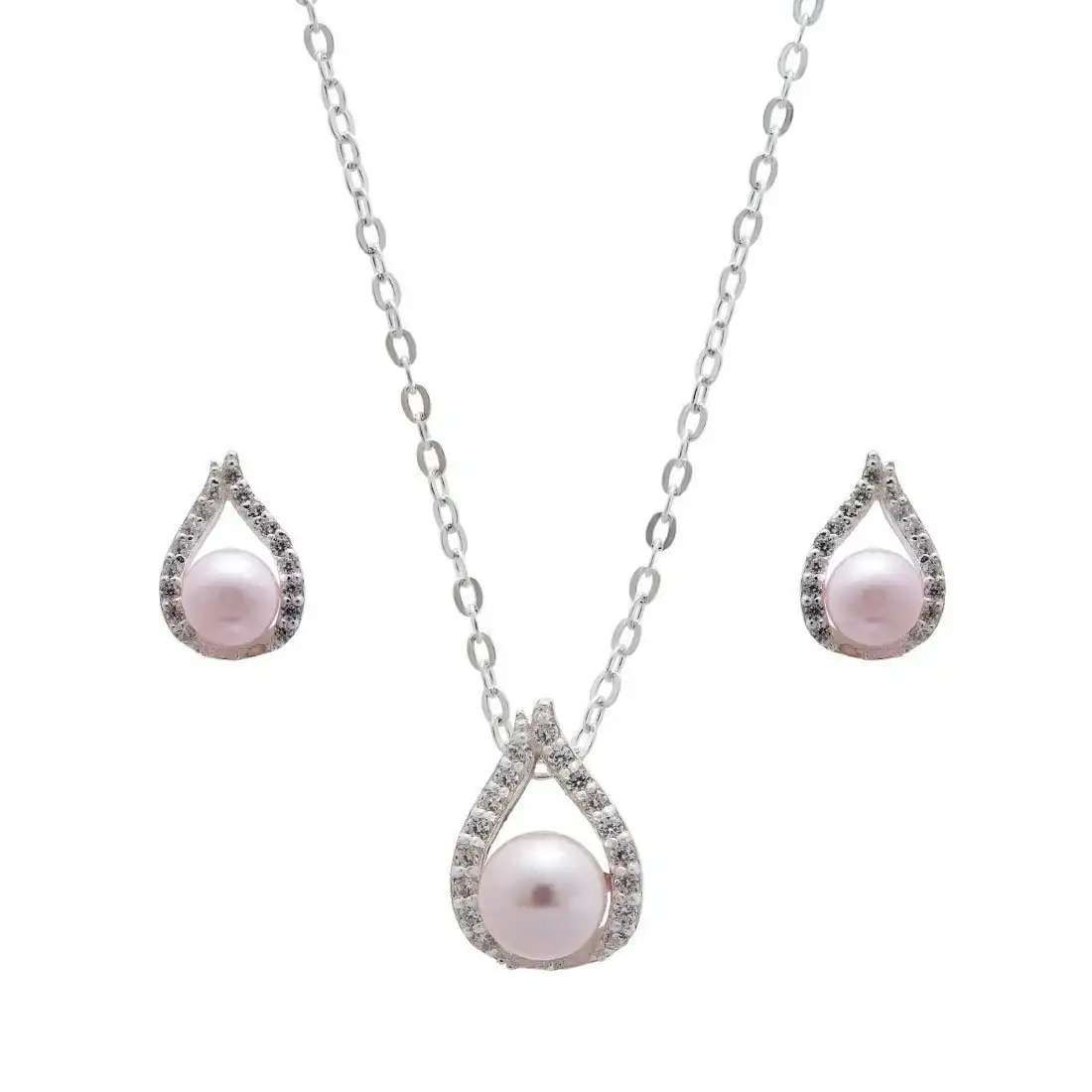 Synthetic Pink Pearl Necklace and Earrings Set in Sterling Silver