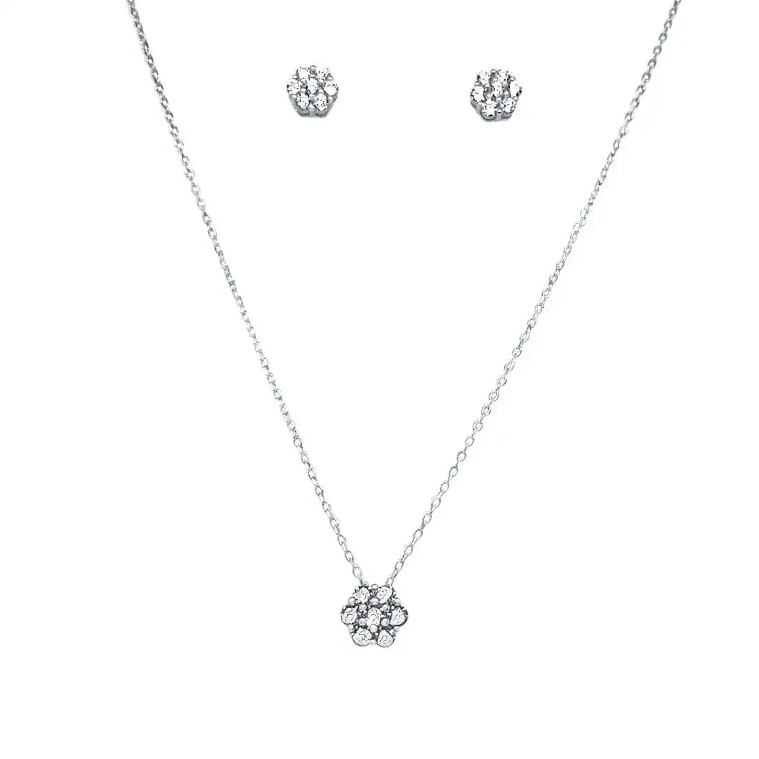 Sterling Silver Stud Earring and Necklace Set with Cubic Zirconia
