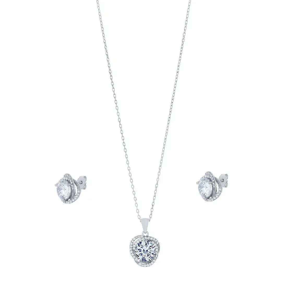 Sterling Silver Cubic Zirconia Swirl Halo Stud Earrings and Necklace Set