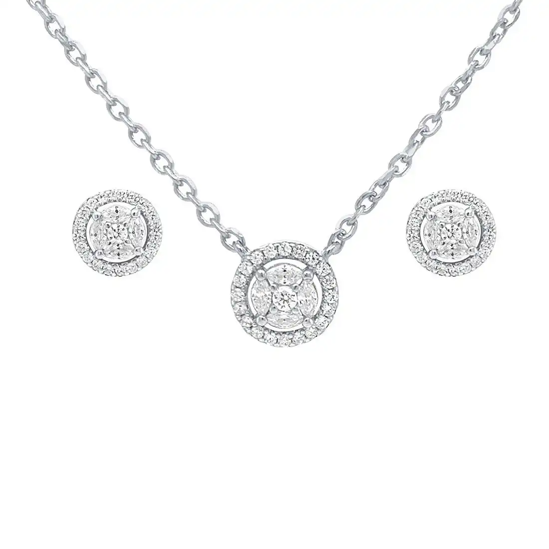 Halo Cubic Zirconia Earring and Necklace Set in Sterling Silver