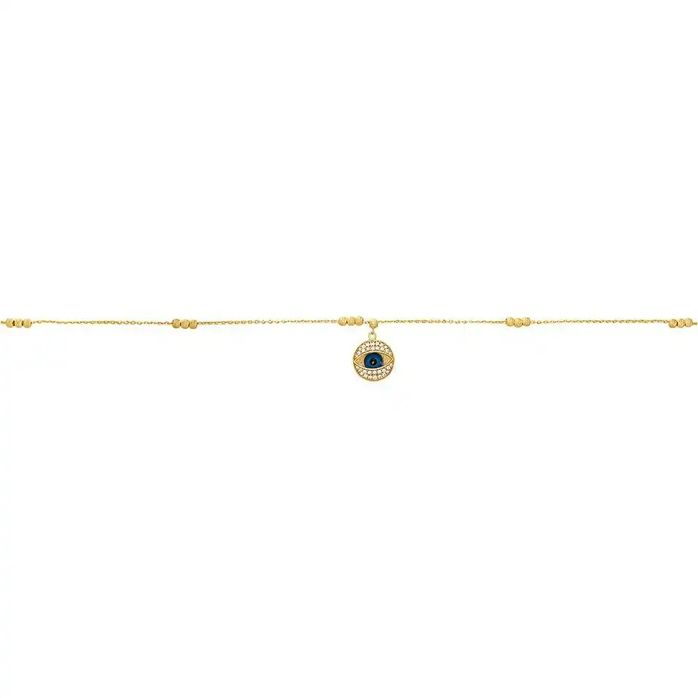 Evil Eye Anklet with Cubic Zirconia in 9ct Yellow Gold Silver Infused