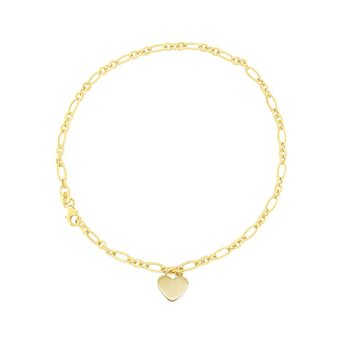 Heart Charm Figaro Anklet in 9ct Yellow Gold Silver Infused